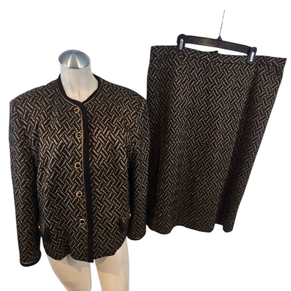 Vintage Diane Roberts Size 18 Gold Black Brocade Skirt Suit Y2K 80s